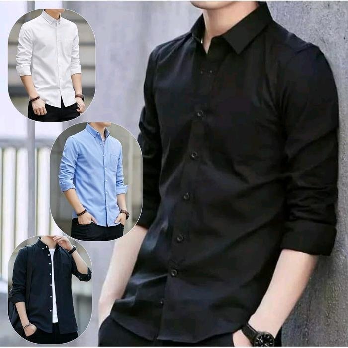 Promo Kemeja Polos Pria Lengan Panjang Katun Premium Baju Kerja Kampus Kondangan Kantor Formal Casual Santai Nyaman Simple Navy Putih Hitam Slimfit kerah Kancing Variasi Hem - hitam kancing putih, m di Koel Toko | Tokopedia